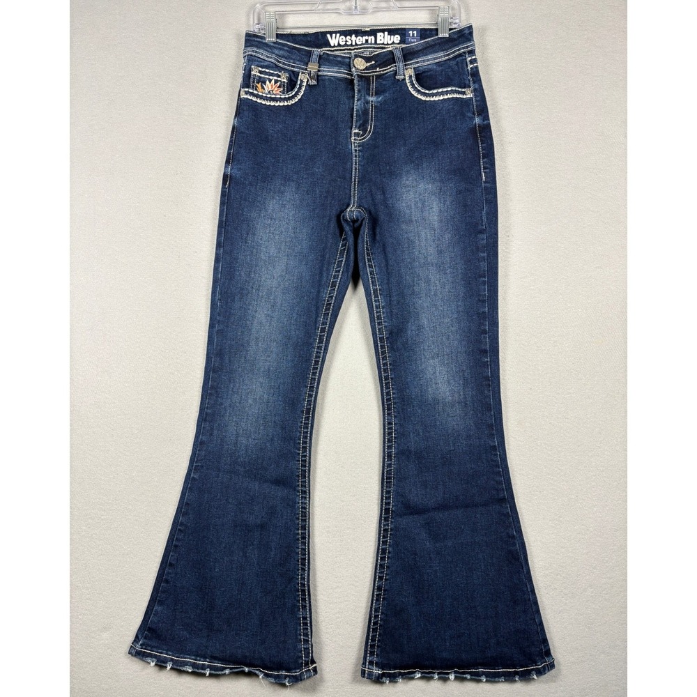 Western Blue Flare Jeans Floral Embroidered Distressed Hem 11 30x29.5 Dark Boho